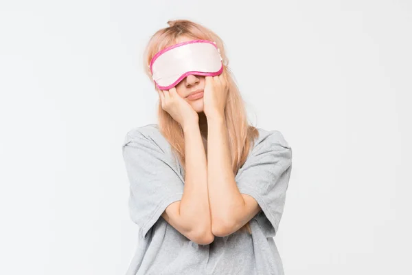 Estudio Retrato Muchacha Joven Dormida Camisa Gris Siente Cansado Después —  Fotos de Stock