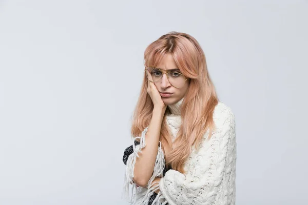 Studio Portrait Nervous Girl White Sweater Glasses Presses Hand Face — Stockfoto