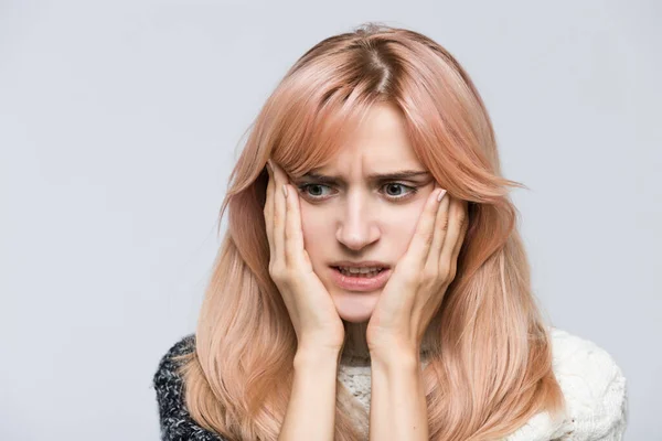 Close Studio Portrait Terrified Girl White Sweater Gnawing Nails Looking — Stockfoto