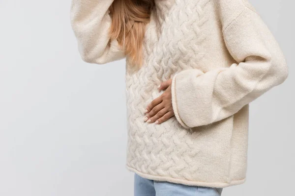 Cropped Shot Woman White Sweater Suffering Abdominal Pain Having Menstruation — Stock Photo, Image