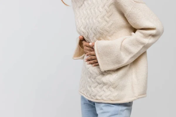 Cropped Shot Woman White Sweater Suffering Abdominal Pain Having Menstruation — Stock Photo, Image