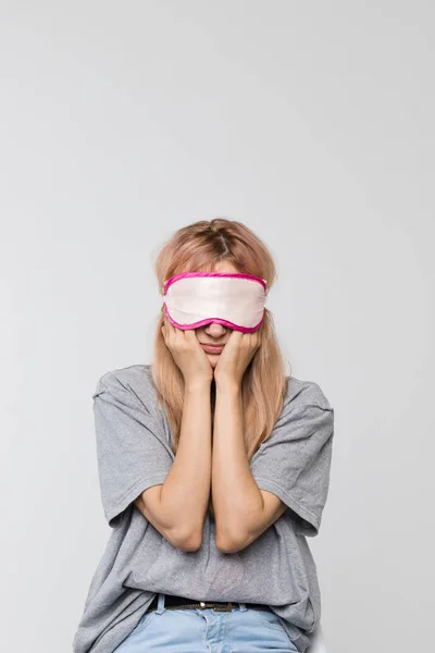 Close Studio Portrait Young Bored Woman Grey Shirt Rubbing Her — Stock Photo, Image