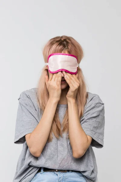 Close Studio Portrait Bored Teenager Grey Shirt Rubbing Her Eyes — Fotografia de Stock