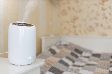 Beyaz hava nemlendirici buhar yayıyor. Oturma odasındaki kuru havanın nemlendirilmesi. Buhar üzerine seçici odaklanma. Uzayı kopyala Aroma yağı püskürtücü. Rahat bir günlük hayat. Hava saflığı ve sağlık hizmeti kavramı.