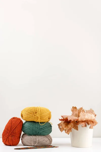 Vertical Photo Red Green Yellow Beige Clews Yarn Pastel Colors — Stock Photo, Image