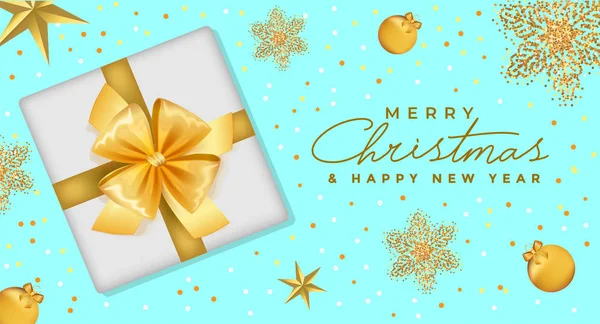 Joyeux Noël Bonne Année Bannière Avec Boîte Cadeau Blanc Réaliste — Image vectorielle