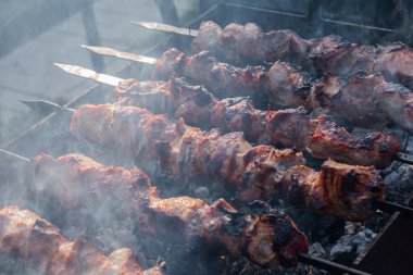 Parkta güneşli bir günde ızgarada domuz kebabı pişirmek