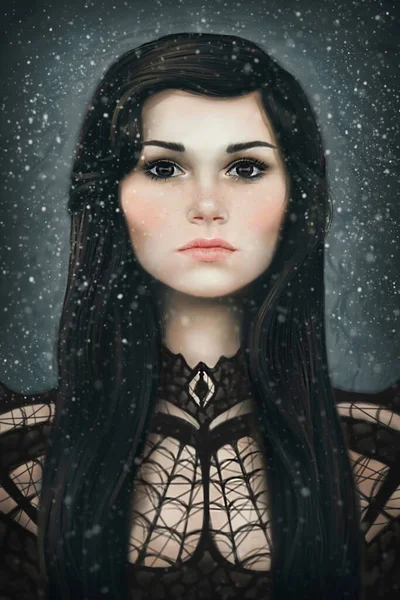 雪の中でゴシックブルネットの女の子の肖像画 — ストック写真