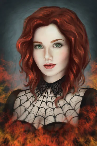 火の上のゴシック赤髪の少女の肖像画 — ストック写真