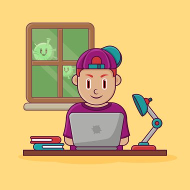 Evdeki illüstrasyon işleri, genç adam dizüstü bilgisayarın önünde şapka takıyor.