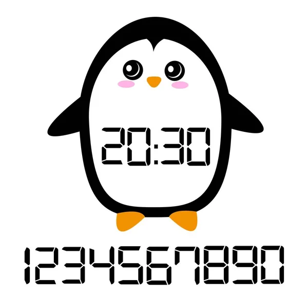 Relógio Pinguim Digital Bonito Engraçado — Vetor de Stock