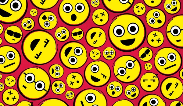Cute Emoji Umieszczone Rozrzucone Czerwonej Przestrzeni — Zdjęcie stockowe
