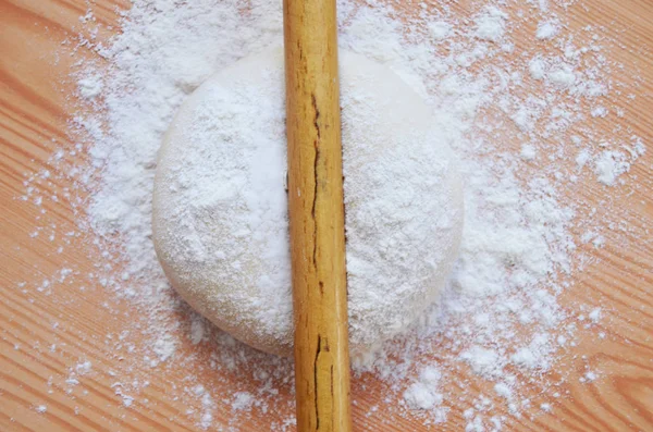 Woman Blooming Dough Rolling Pin Wooden Table — 스톡 사진