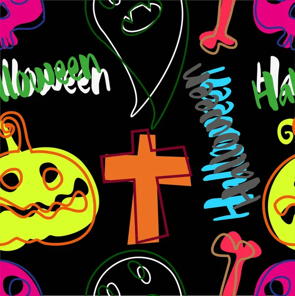 Hola Diseño Halloween Diseño Patrón Sin Costuras Con Figuras Halloween — Vector de stock