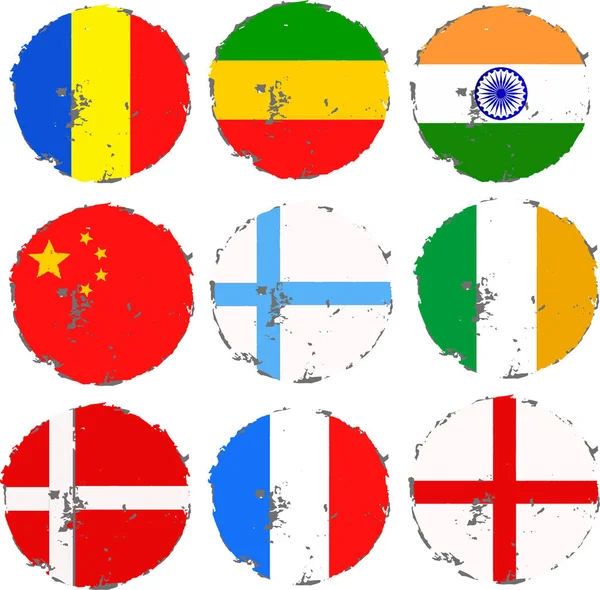 Runda Världsflaggor Grunge Världen Flaggor Som — Stock vektor