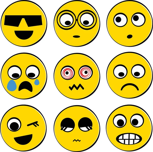 Söt Emoji Uppsättning Gula Ansikten Som Uttrycker Emotikoner Och Känslor — Stock vektor