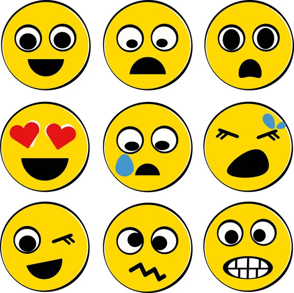 Söt Emoji Uppsättning Gula Ansikten Som Uttrycker Emotikoner Och Känslor — Stock vektor