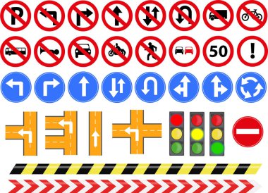 Renkli trafik işaretleri ve yol tarifleri kümesi.
