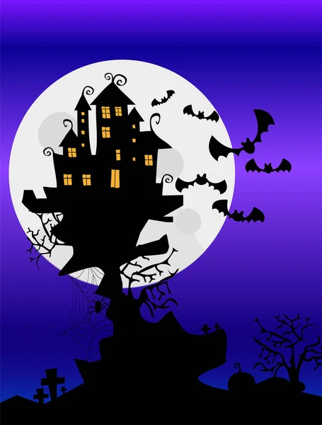 Luna Llena Con Murciélagos Árboles Espeluznantes Casa Misteriosa Fondo Halloween — Vector de stock