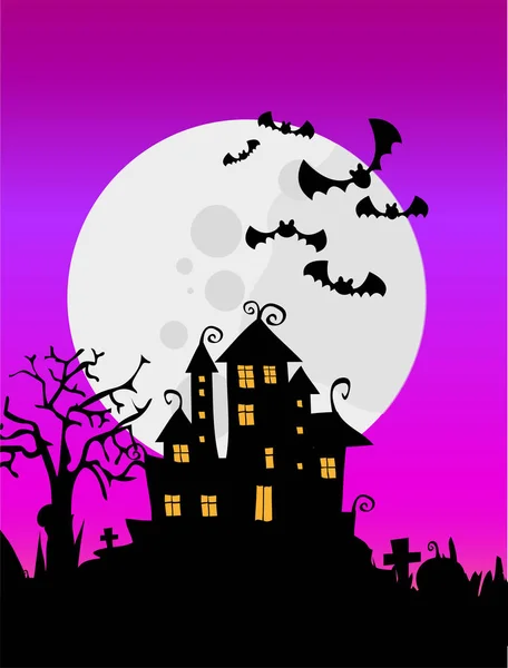Luna Llena Con Murciélagos Árboles Espeluznantes Casa Misteriosa Fondo Halloween — Vector de stock