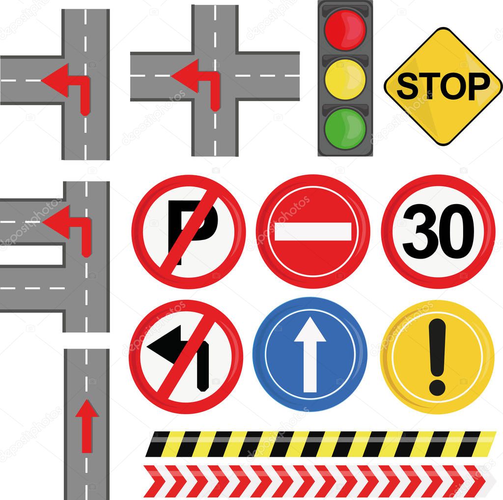 Set of colorful traffic signs and road directions illustrations.