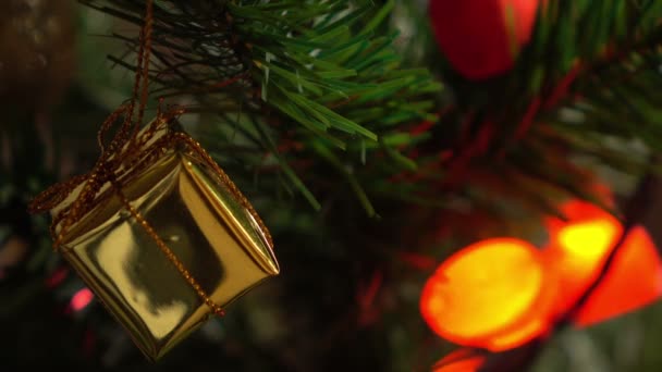 Caja de regalo en árbol de Navidad — Vídeo de stock