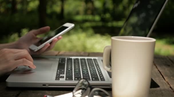 Använd Smartphone och dator på Garden — Stockvideo