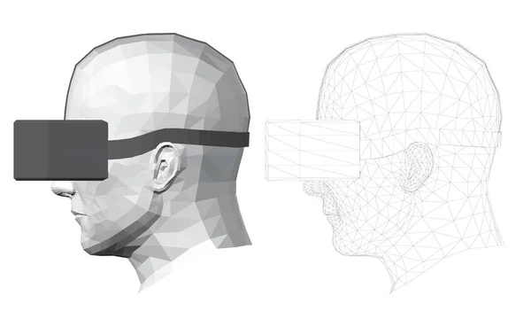 Tête polygonale d'un homme en lunettes de réalité virtuelle — Image vectorielle