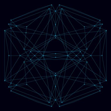 Mavi çizgilerinin soyut geometrik şekli koyu arkaplandaki parlak ışıklarla. Vektör illüstrasyonu