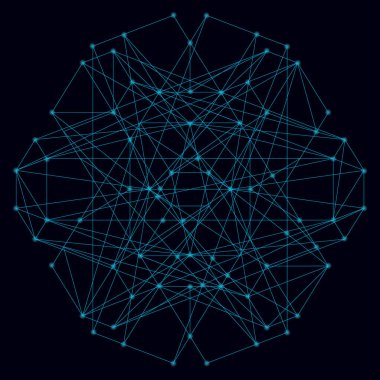 Mavi çizgilerinin soyut geometrik şekli koyu arkaplandaki parlak ışıklarla. Vektör illüstrasyonu