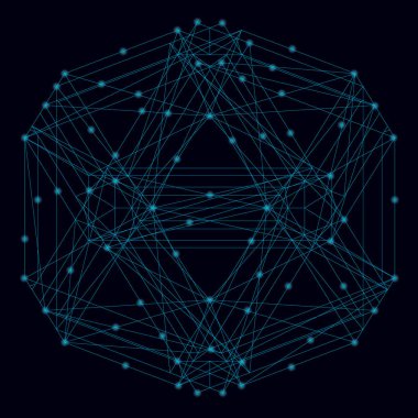 Mavi çizgilerinin soyut geometrik şekli koyu arkaplandaki parlak ışıklarla. Vektör illüstrasyonu