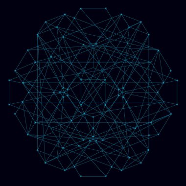 Mavi çizgilerinin soyut geometrik şekli koyu arkaplandaki parlak ışıklarla. Vektör illüstrasyonu