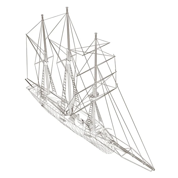 Drátěná plachetnice. Pohled na izometrické. Obrys staré lodi. Vektorová ilustrace — Stockový vektor