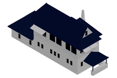 İki katlı kır evi. Çokgen ev beyaz arka planı izole etti. İzometrik görüntüyü izle. Üç boyutlu. Vektör illüstrasyonu