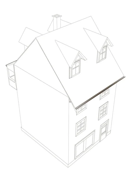 Wireframe of a three-story residential building. Outline of a house project. View isometric. Vector illustration — Stock Vector