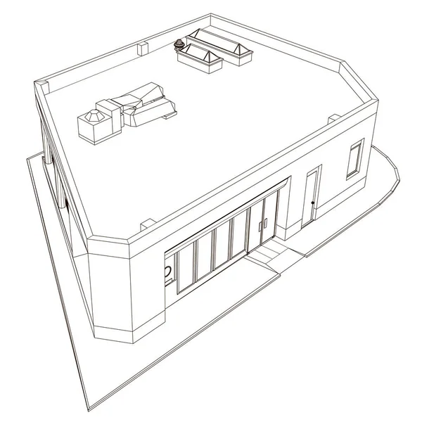 El contorno del edificio de líneas negras Aislado sobre un fondo blanco. Ver isométrica. Ilustración vectorial — Archivo Imágenes Vectoriales