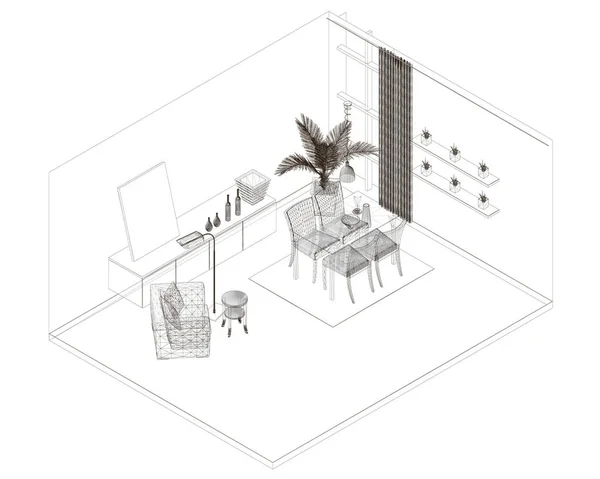 Wireframe interior yang terbuat dari garis-garis yang terisolasi pada latar belakang putih. Lihat isometrik. 3D. Ilustrasi vektor - Stok Vektor