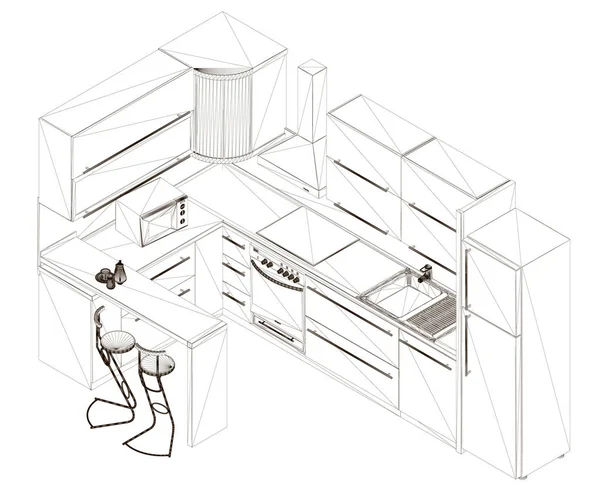 Châssis de cuisine à partir de lignes noires sur un fond blanc. Le contour de la cuisine avec des accessoires. Vue isométrique. 3D. Illustration vectorielle — Image vectorielle