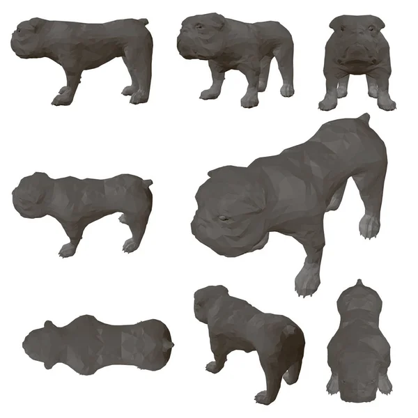 Set med polygonal bulldog med olika utsikt. Svart bulldog isolerad på en vit bakgrund. 3d. Vektorillustration — Stock vektor