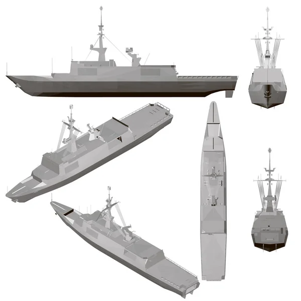 Conjunto com uma nave de guerra isolada num fundo branco. Navio com armas de diferentes posições. 3D. Ilustração vetorial — Vetor de Stock