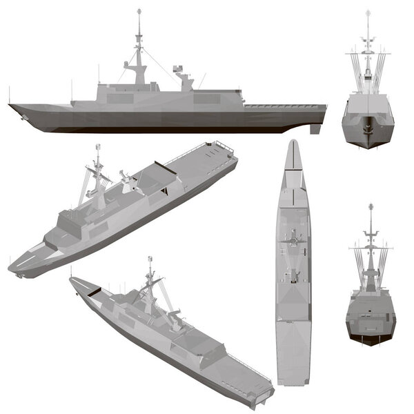 Set with a warship isolated on a white background. Ship with weapons from different positions. 3D. Vector illustration