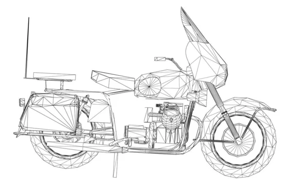 Прослушка мотоцикла сделанная из черных линий, изолированных на белом фоне. Вид сбоку. Векторная иллюстрация — стоковый вектор