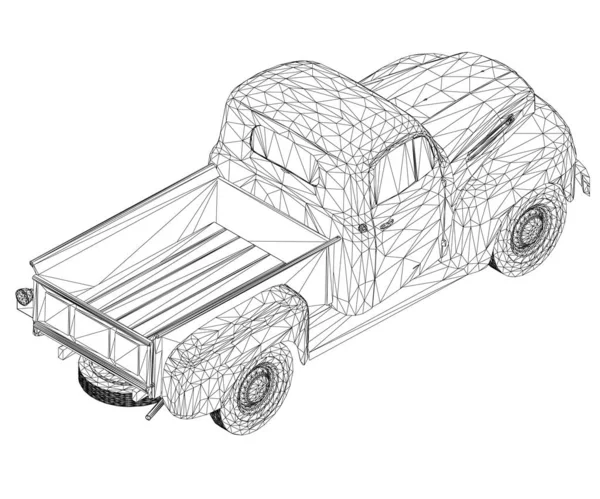 Wireframe van een oude pick-up truck geïsoleerd op een witte achtergrond. Bekijk isometrisch. Vectorillustratie — Stockvector