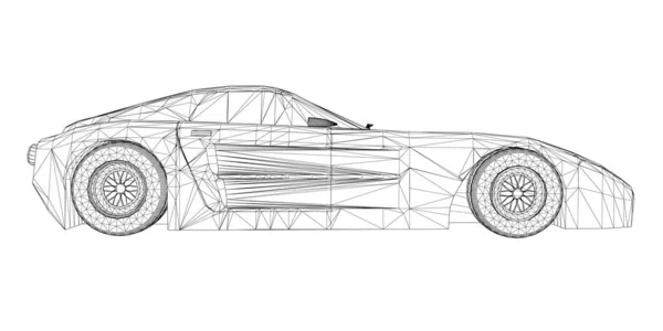 Drahtgestell eines Sportwagens isoliert auf weißem Hintergrund. Seitenansicht. Vektorillustration — Stockvektor