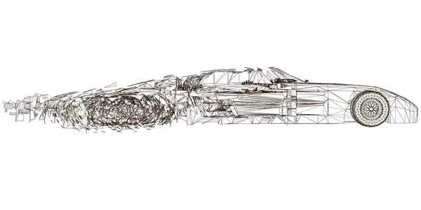 Drahtgestell eines Sportwagens isoliert auf weißem Hintergrund. Das Auto zerbricht in viele Fragmente. Seitenansicht. Vektorillustration — Stockvektor