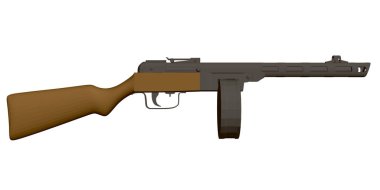 Çokgen Shpagin hafif makineli tüfek. Sovyet eski makineli tüfeği. Yan görüş. Üç boyutlu. Vektör illüstrasyonu