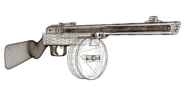 Drahtgestell Maschinenpistole shpagin. Sowjetisches altes Maschinengewehr. Ansicht Perspektive. 3d. Vektorillustration — Stockvektor