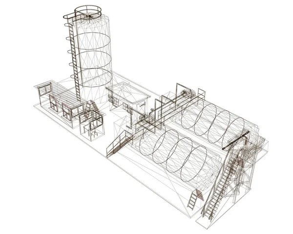 Wireframe ενός βιομηχανικού κτιρίου με δεξαμενές. Δείτε ισομετρική. Εικονογράφηση διανύσματος — Διανυσματικό Αρχείο