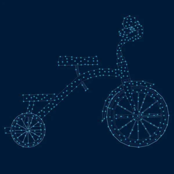 Contour d'un tricycle de lignes bleues avec des lumières lumineuses. Vue latérale. Illustration vectorielle — Image vectorielle