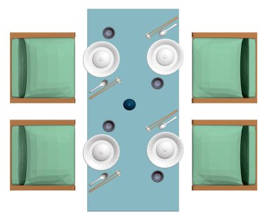 Tabaklı bir masa, bardaklar ve bir şişe şarap. Japon yemeği. Dikdörtgen bir masanın yanında dört koltuk. Yukarıdan bak. Üç boyutlu. Vektör illüstrasyonu